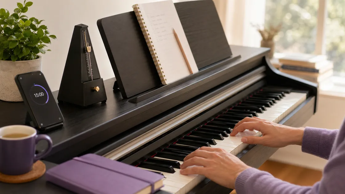 Beginner piano practice setup with keyboard, notebook, and timer