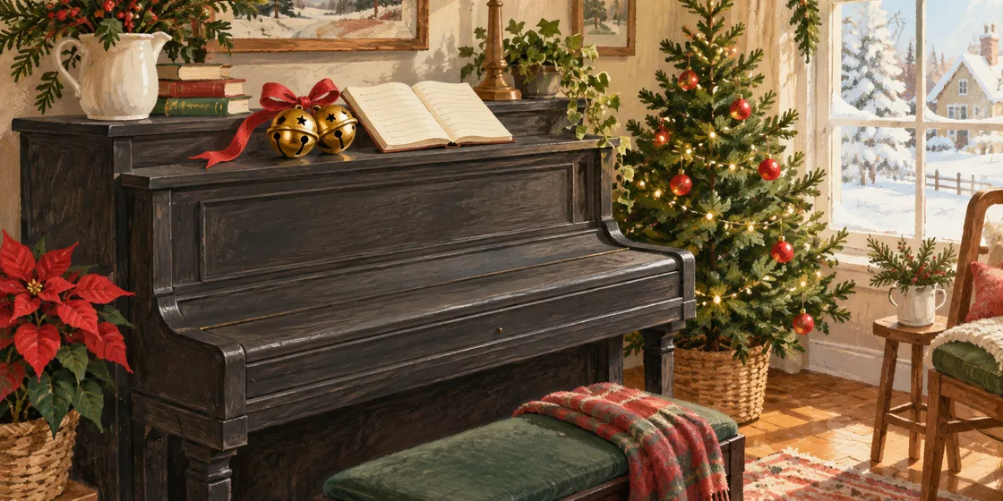 Painted illustration of an upright piano with golden sleigh bells beside a Christmas tree and snowy window
