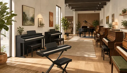 Piano store showroom with a portable keyboard, digital pianos, upright pianos, and a grand piano