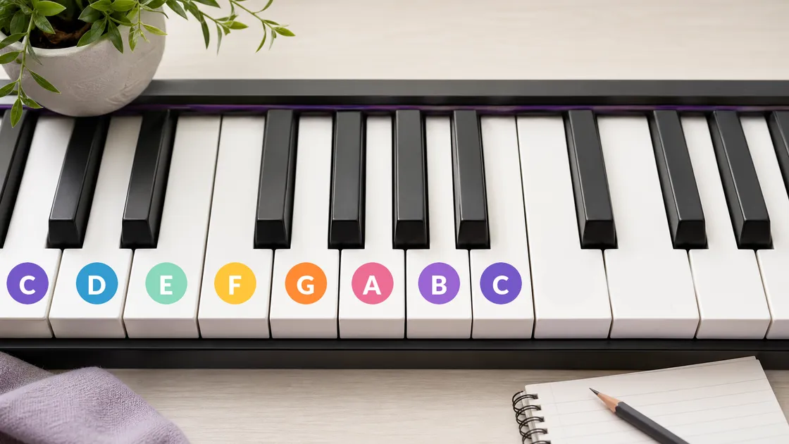 Close-up of piano keys with beginner note markers